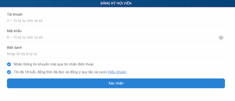 Người chơi điền thông tin đăng ký Thabet